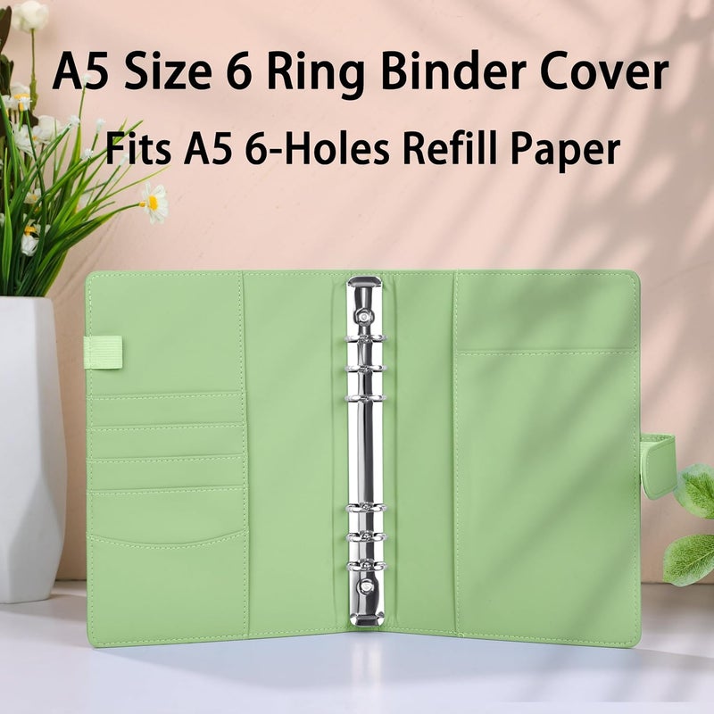 Antner A5 Binder 6 Ring Refillable Notebook Planner Cover for Cash Organizer, PU Leather Loose Leaf Photocard Holder Aesthetic Small Binder for A5 Planner Inserts with Magnetic Buckle, Matcha Green - Image 2