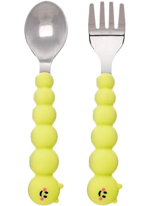 Caterpillar Spoon and Fork Set for Toddlers - Silicone and Stainless Steel Utensils with Easy Grip Handles - BPA Free and Durable - Yellow