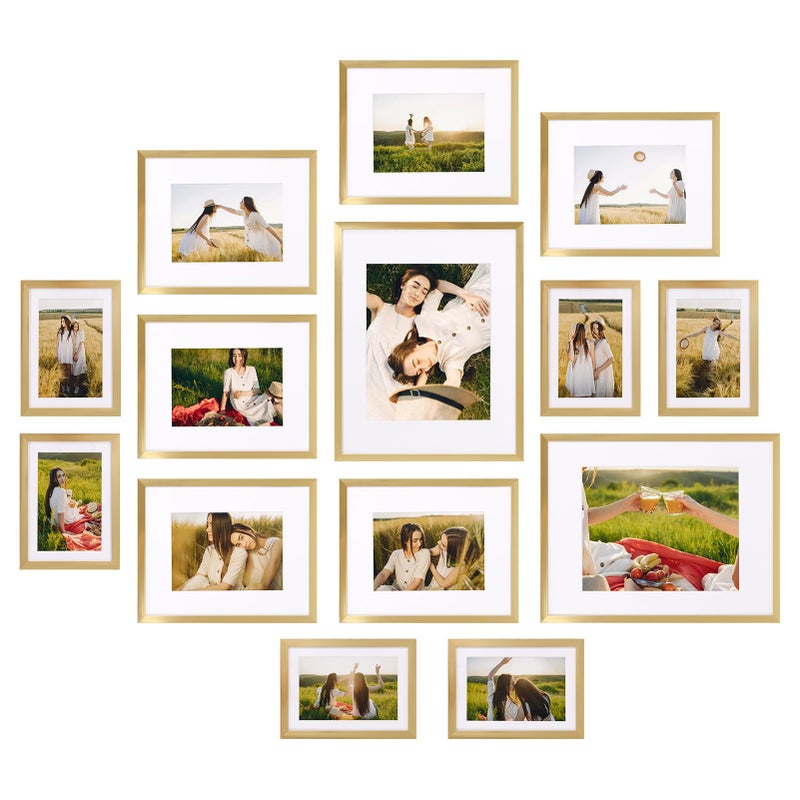 Giftgarden 14 Pack Gold Picture Frames with Mat for Various Sizes Photos Assorted Matted Frame Set Including Two 11x14 Six 8x10 Six 5x7 Gallery Frame Collage for Wall or Tabletop Display