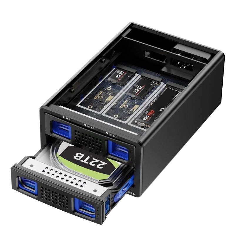 CENMATE Hybrid 2.5/3.5" SATA HDD/SSD+3* M / B+M Key M.2 NVMe Enclosure with Cooling Fan and USB A/C 3.2 Gen 2 (10Gbps), Hard Drive Enclosure Support 46TB(22TB HDD+3*8TB 2230/2242/2260/2280/22110 SSDs) - Image 1