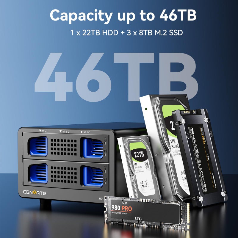 CENMATE Hybrid 2.5/3.5" SATA HDD/SSD+3* M / B+M Key M.2 NVMe Enclosure with Cooling Fan and USB A/C 3.2 Gen 2 (10Gbps), Hard Drive Enclosure Support 46TB(22TB HDD+3*8TB 2230/2242/2260/2280/22110 SSDs) - Image 2