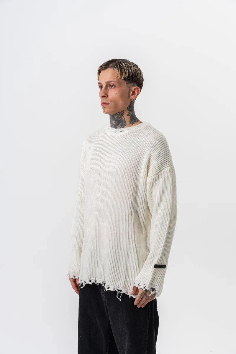 ريسباير كنزة رجالية محبوكة بنسيج مضلع/منسوج، كريمي