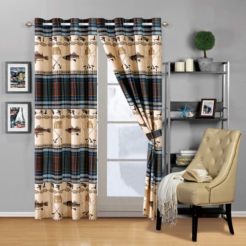River Fly Fishing Themed Rustic Cabin Lodge Window Treatment Grommet Curtain Set with Fishing Rods Lure with Southwestern Tartan Check Plaid Tweed Patterns Blue Brown  River Lodge Curtains