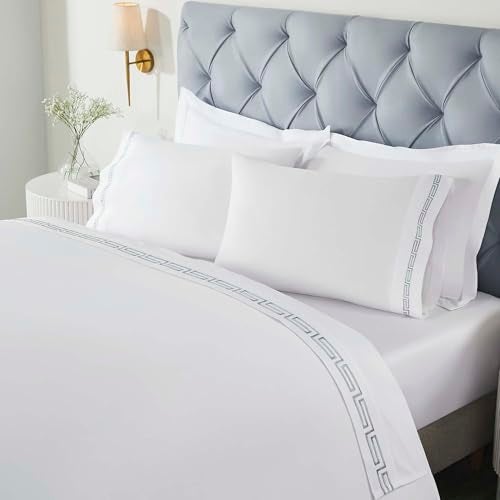 Superior Embroidered Cotton Bed Sheet Set 1 Elastic Deep Pocket Fitted Sheet 1 Flat Sheet 2 Pillowcases Daily Sheets Luxury Greek Key Design Harrison Collection King WhiteSilver