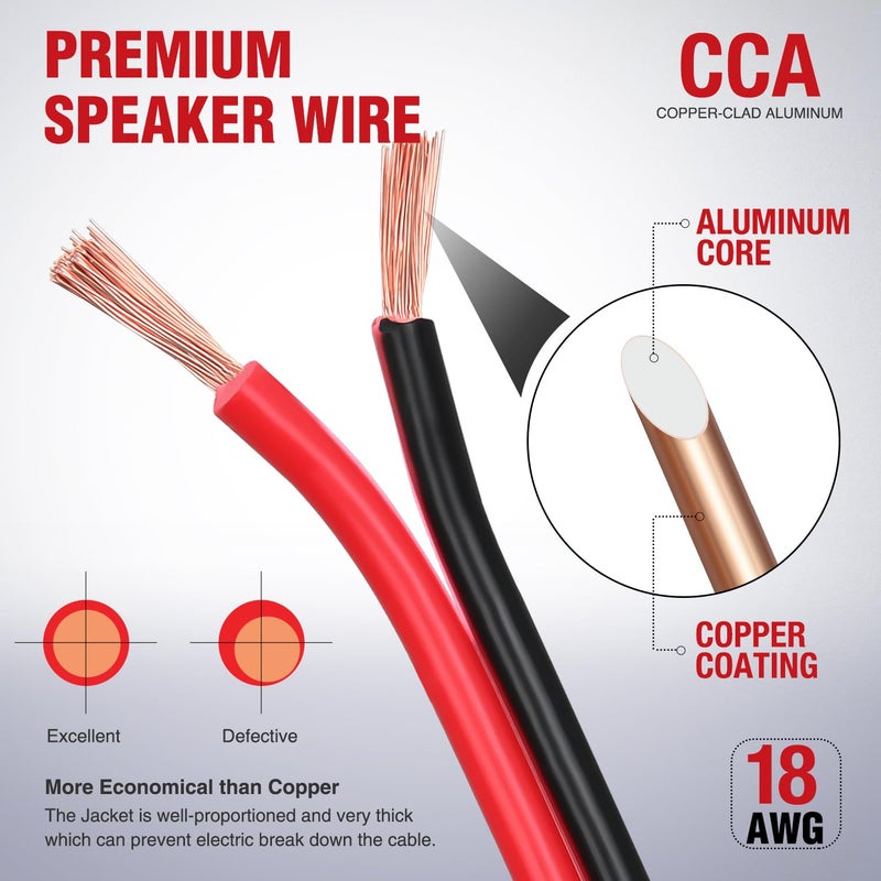 Nilight 100FT 18AWG Copper Clad Aluminum Wire 18/2 Gauge Red Black CCA Electrical Cable 2 Conductor Parallel 12V/24V DC Flexible Extension Cords for Car Audio Radio Speaker Amplifier - Image 4