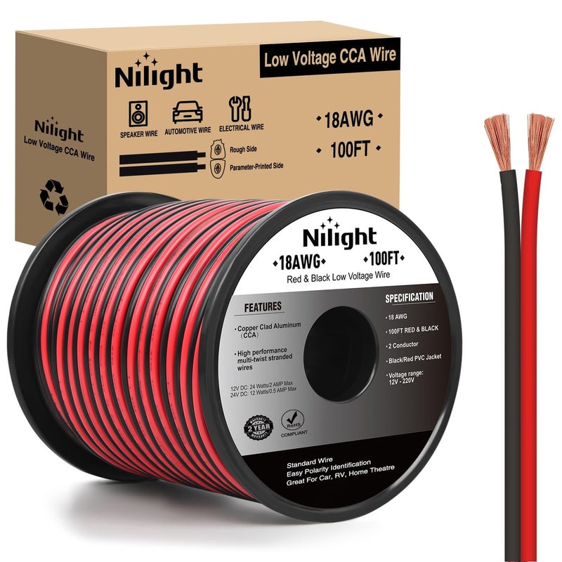 Nilight 100FT 18AWG Copper Clad Aluminum Wire 18/2 Gauge Red Black CCA Electrical Cable 2 Conductor Parallel 12V/24V DC Flexible Extension Cords for Car Audio Radio Speaker Amplifier - Image 1