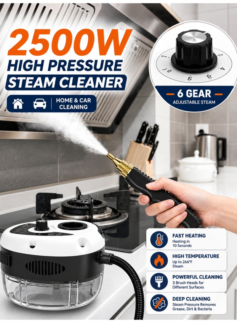 Eworld 2500W High Pressure Handheld Steam Cleaner with 6-Speed Adjustable Steam, 3 Brush Heads & 2.5m Hose | Multi-Purpose Deep Cleaning Machine for Kitchen, Bathroom, Car & AC - Image 3