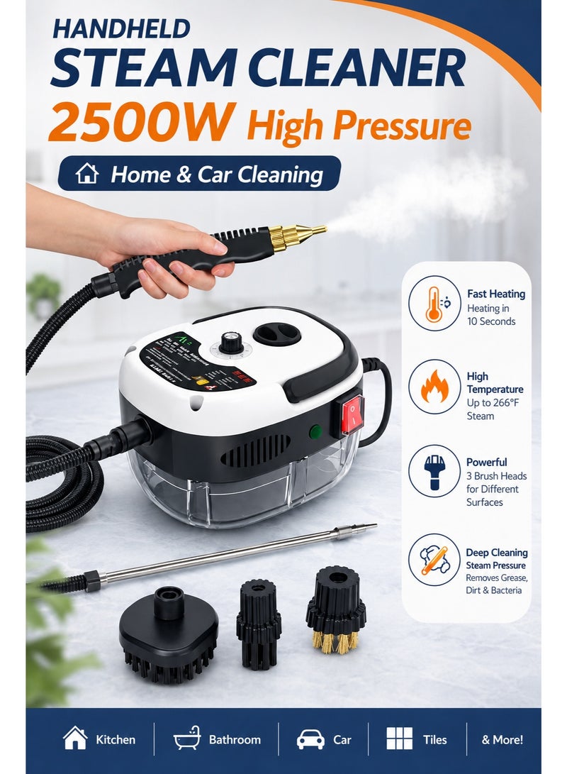 Eworld 2500W High Pressure Handheld Steam Cleaner with 6-Speed Adjustable Steam, 3 Brush Heads & 2.5m Hose | Multi-Purpose Deep Cleaning Machine for Kitchen, Bathroom, Car & AC - Image 1
