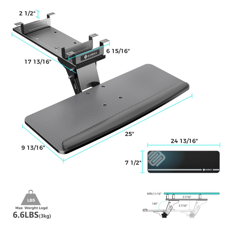 EUREKA ERGONOMIC Keyboard Tray Height Adjustable, Swivel Tilt Computer Keyboard Drawer Under Desk, 25x9.13'' Sliding Keyboard & Mouse Platform with Mouse Pad for Typing, Black - Image 2