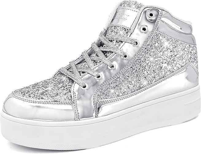 IGxx Womens Platform Glitter Shoes High Top Sparkly Sneakers Shiny Fashion Bling Dressy Sequin Metallic Sneakers Disco Wedding Shoes Silver Women Size 95 - Image 1
