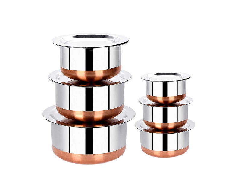 BLeaf Stainless Steel-Round Copper Bottom Tope/Heavy Guage Tope with Lid (Pack of 6) (1L, 1.25L, 1.5L, 2L, 2.5L, 3L) - Image 1