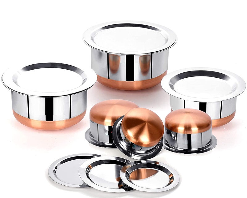 BLeaf Stainless Steel-Round Copper Bottom Tope/Heavy Guage Tope with Lid (Pack of 6) (1L, 1.25L, 1.5L, 2L, 2.5L, 3L) - Image 2