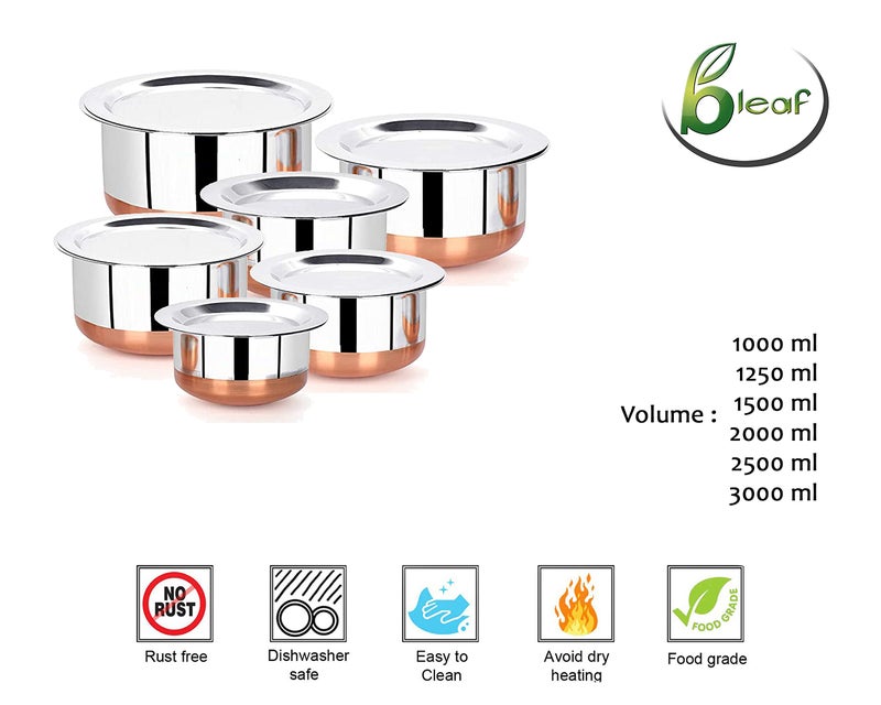BLeaf Stainless Steel-Round Copper Bottom Tope/Heavy Guage Tope with Lid (Pack of 6) (1L, 1.25L, 1.5L, 2L, 2.5L, 3L) - Image 3