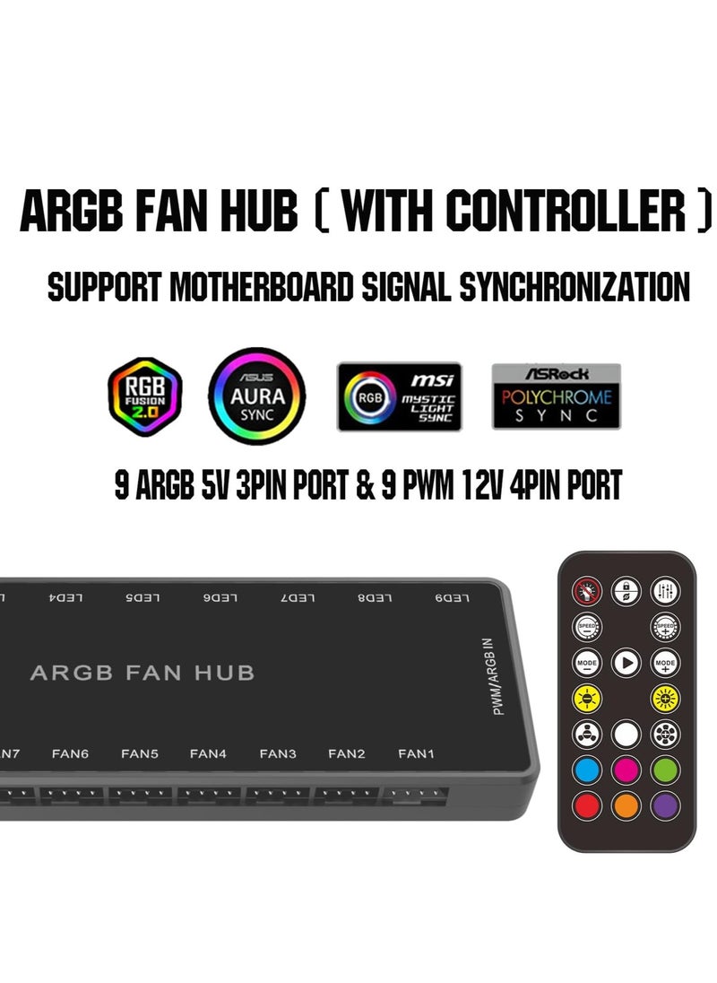 VIUAUAX ARGB Fan HUB Controller with Remote Control, PWM Hub Support 9 Groups of Fans for Addressable 5V 3Pin ARGB & 12V 4Pin PWM, 2-in-1 RGB Case Fan with Hidden Magnetic Base and SATA Power (9 Groups)  - Image 3