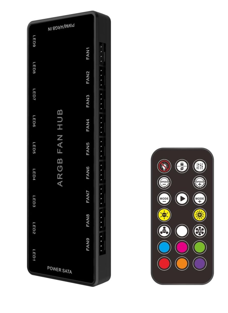 VIUAUAX ARGB Fan HUB Controller with Remote Control, PWM Hub Support 9 Groups of Fans for Addressable 5V 3Pin ARGB & 12V 4Pin PWM, 2-in-1 RGB Case Fan with Hidden Magnetic Base and SATA Power (9 Groups)  - Image 1