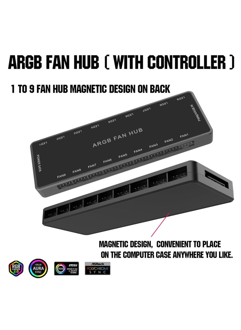 VIUAUAX ARGB Fan HUB Controller with Remote Control, PWM Hub Support 9 Groups of Fans for Addressable 5V 3Pin ARGB & 12V 4Pin PWM, 2-in-1 RGB Case Fan with Hidden Magnetic Base and SATA Power (9 Groups)  - Image 4