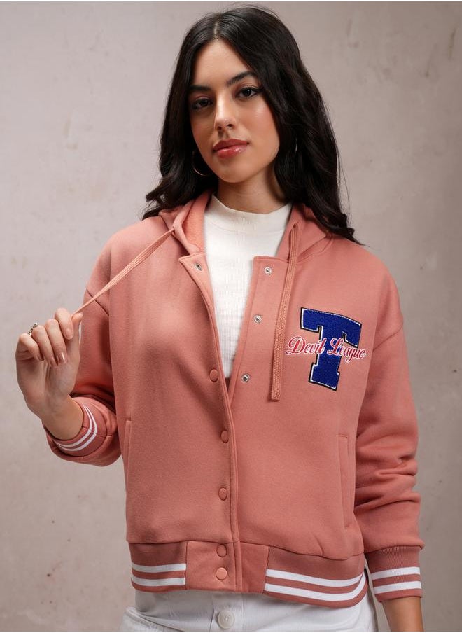 Tokyo Talkies Embroidered Hooded Varsity Jacket by Styli  - Image 1
