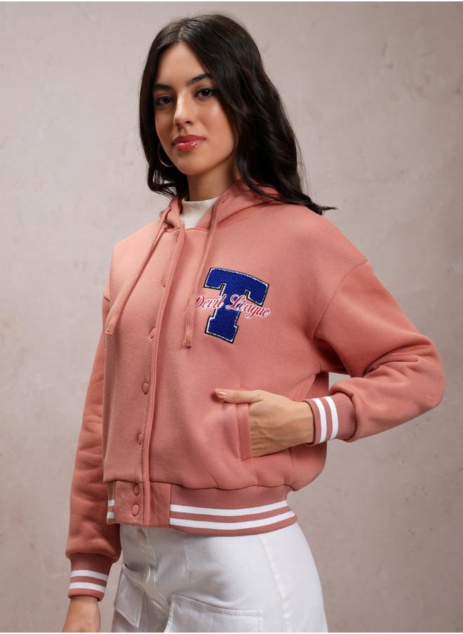 Tokyo Talkies Embroidered Hooded Varsity Jacket by Styli  - Image 4