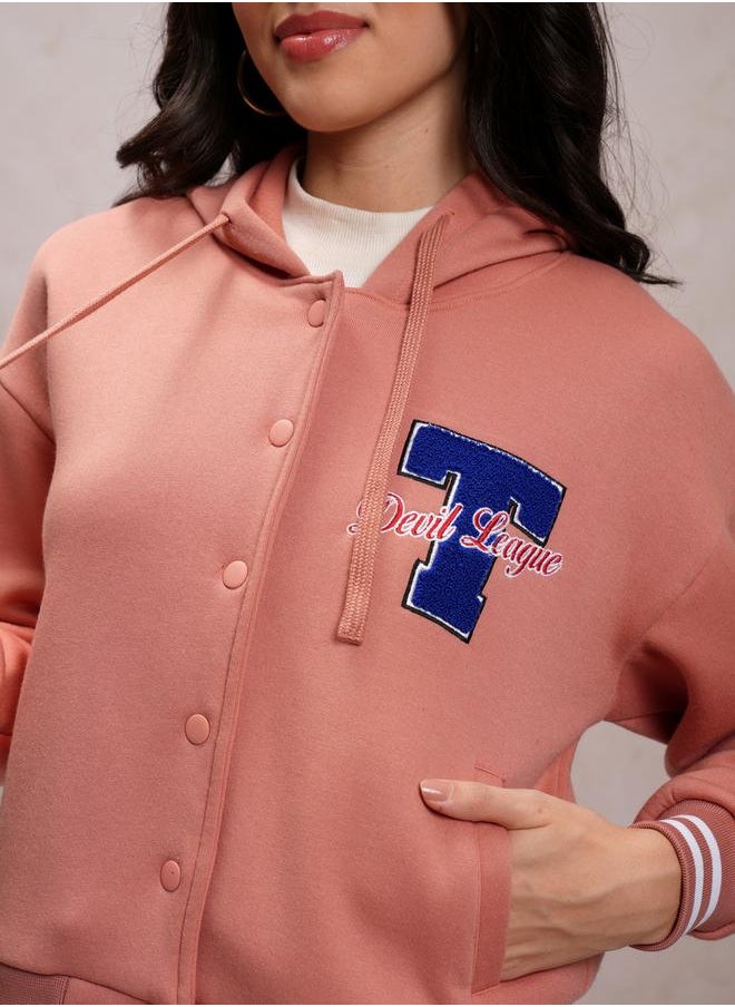 Tokyo Talkies Embroidered Hooded Varsity Jacket by Styli  - Image 5