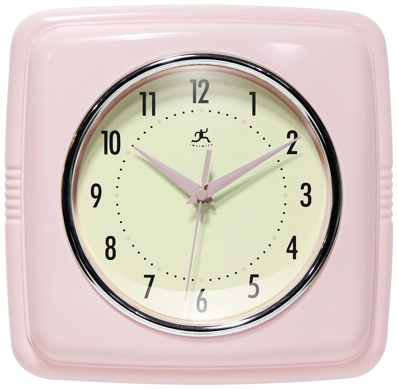 Infinity Instruments Square Silent Retro 9 inch Mid Century Modern Kitchen Diner Retro Wall Clock Quartz Sweep Movement (Pink) - Image 1