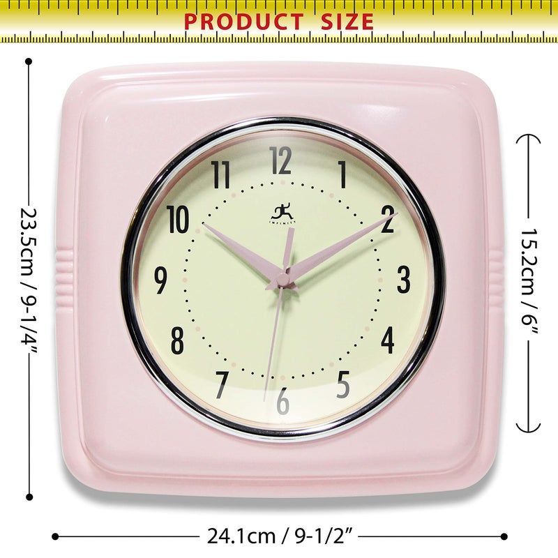 Infinity Instruments Square Silent Retro 9 inch Mid Century Modern Kitchen Diner Retro Wall Clock Quartz Sweep Movement (Pink) - Image 5