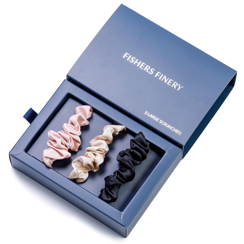 Fishers Finery 25 Momme 100% Pure Mulberry Silk Large Scrunchies, Stylish Hair Ties (Black|Pink|Taupe, 3 Pk)