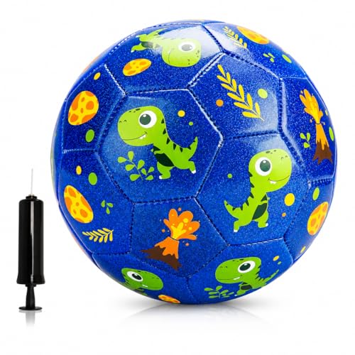 U&C Planet Toddler Soccer Ball Size 2 with Pump Deflated, Blue Dinosaur Cartoon Ball for Kids Boy Girl 2 3 4 5 Years Old Indoor Outdoor Soccer Game - Image 1