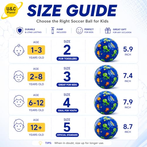 U&C Planet Toddler Soccer Ball Size 2 with Pump Deflated, Blue Dinosaur Cartoon Ball for Kids Boy Girl 2 3 4 5 Years Old Indoor Outdoor Soccer Game - Image 2
