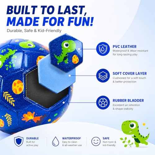 U&C Planet Toddler Soccer Ball Size 2 with Pump Deflated, Blue Dinosaur Cartoon Ball for Kids Boy Girl 2 3 4 5 Years Old Indoor Outdoor Soccer Game - Image 5