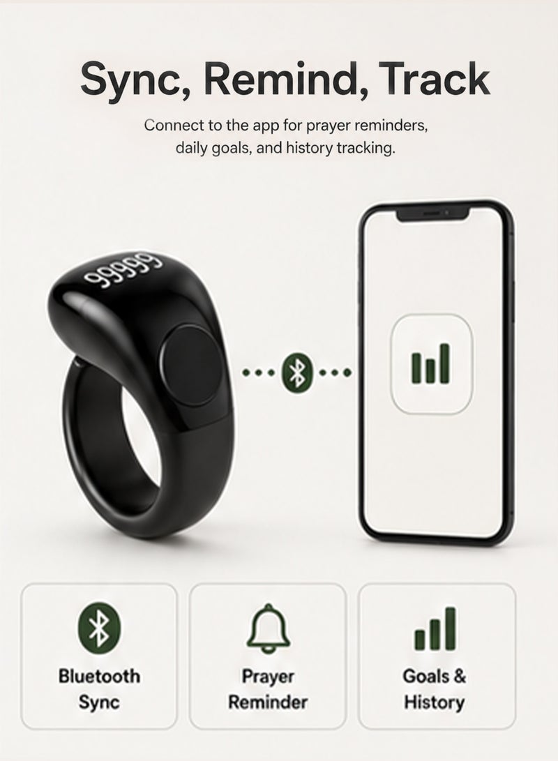 IFAYRID Smart Ring Tasbeeh Counter for Muslims, Digital Prayer Counter Ring with OLED Display, Bluetooth Prayer Reminder, Adjustable Finger Counter, Magnetic Type-C Rechargeable Tasbih Ring - Image 2