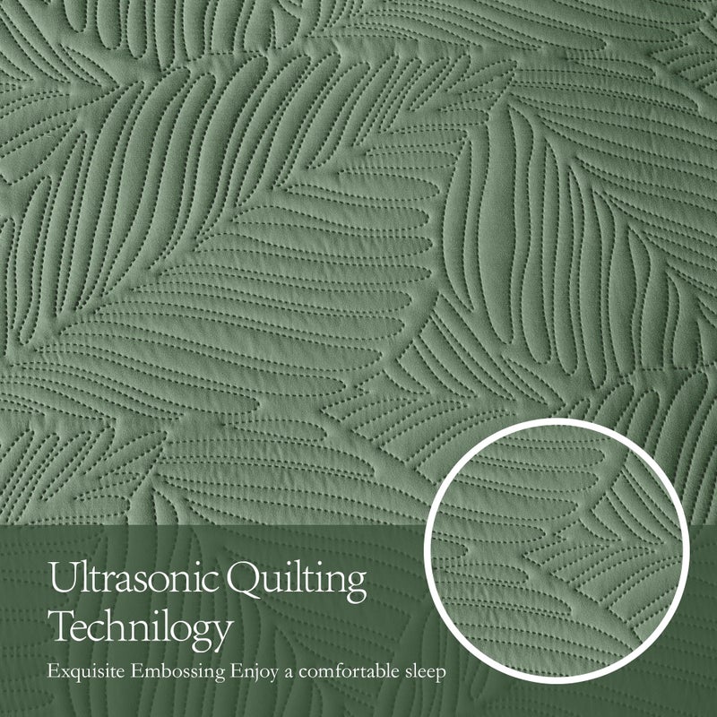 OARAGE King Quilt Bedding Set Lightweight Soft Olive Green Bedspread Coverlet with Leaf Pattern Ultrasonic Microfiber Bed Cover Set for All Season 3 Pieces (1 Quilt  2 Shams) - Image 4