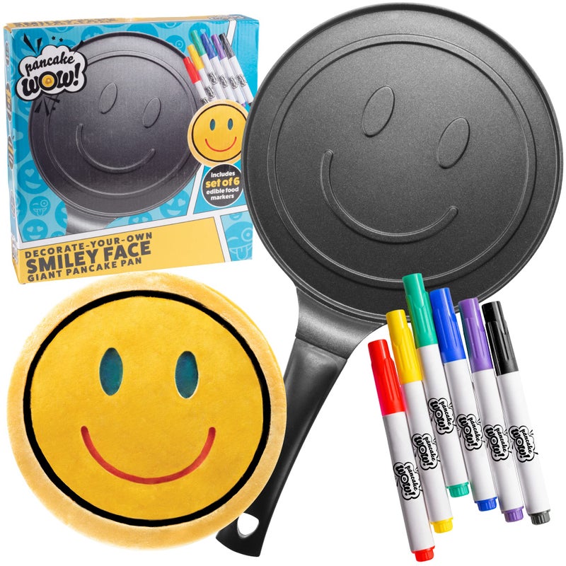 CucinaPro XL Smiley Face Pancake Pan 10Inch Nonstick Aluminum With Edible Food Markers Perfect for Kids Arts  Crafts Easy Cleanup