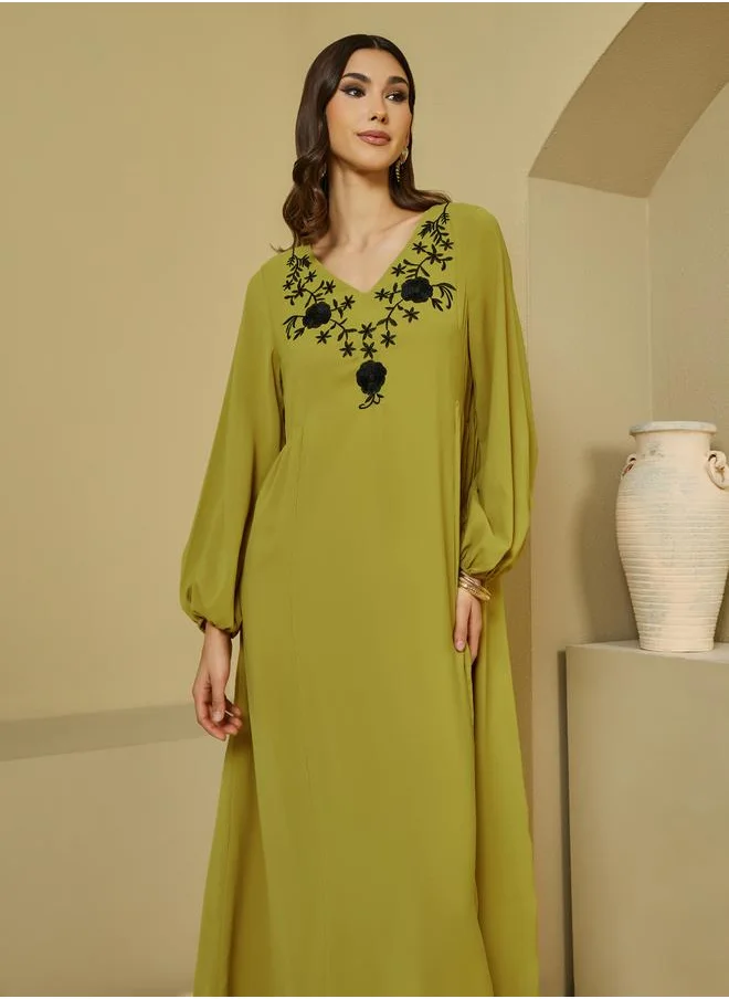 Styli Embroidered Jalabiya with Volume Sleeves