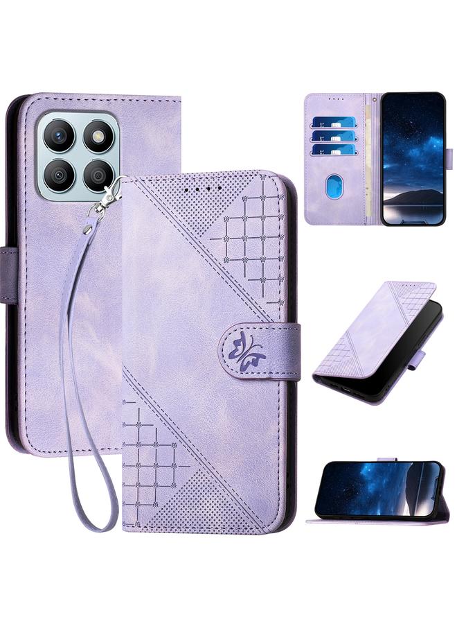 S-TOP Case For Honor X8b Grid Butterfly Embossed Pattern Leather Phone Case with Lanyard - Image 1