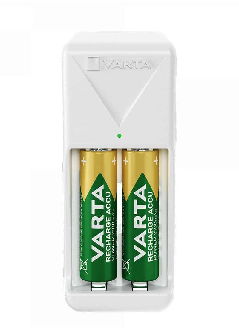 VARTA - Battery Charger AA 2100 mAh, Battery Charger for Rechargeable Batteries, Charges 2 AA/AAA Simultaneously, Mini Charger, White - Image 1