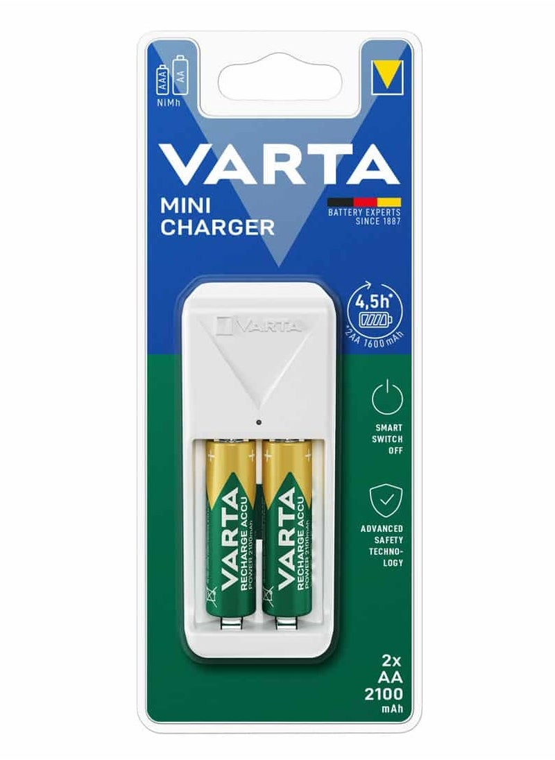 VARTA - Battery Charger AA 2100 mAh, Battery Charger for Rechargeable Batteries, Charges 2 AA/AAA Simultaneously, Mini Charger, White - Image 1