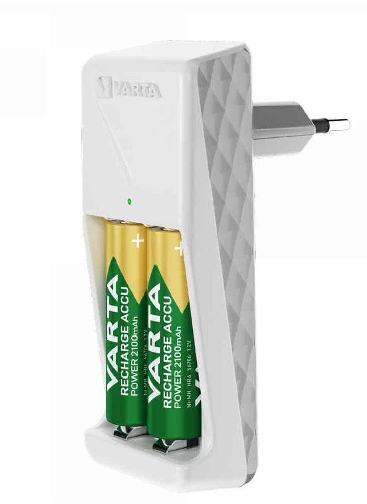 VARTA - Battery Charger AA 2100 mAh, Battery Charger for Rechargeable Batteries, Charges 2 AA/AAA Simultaneously, Mini Charger, White - Image 1