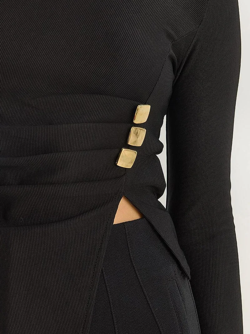 Bianco Lucci LUCCI Crew Neck Long Sleeve Blouse with Accessory Detail