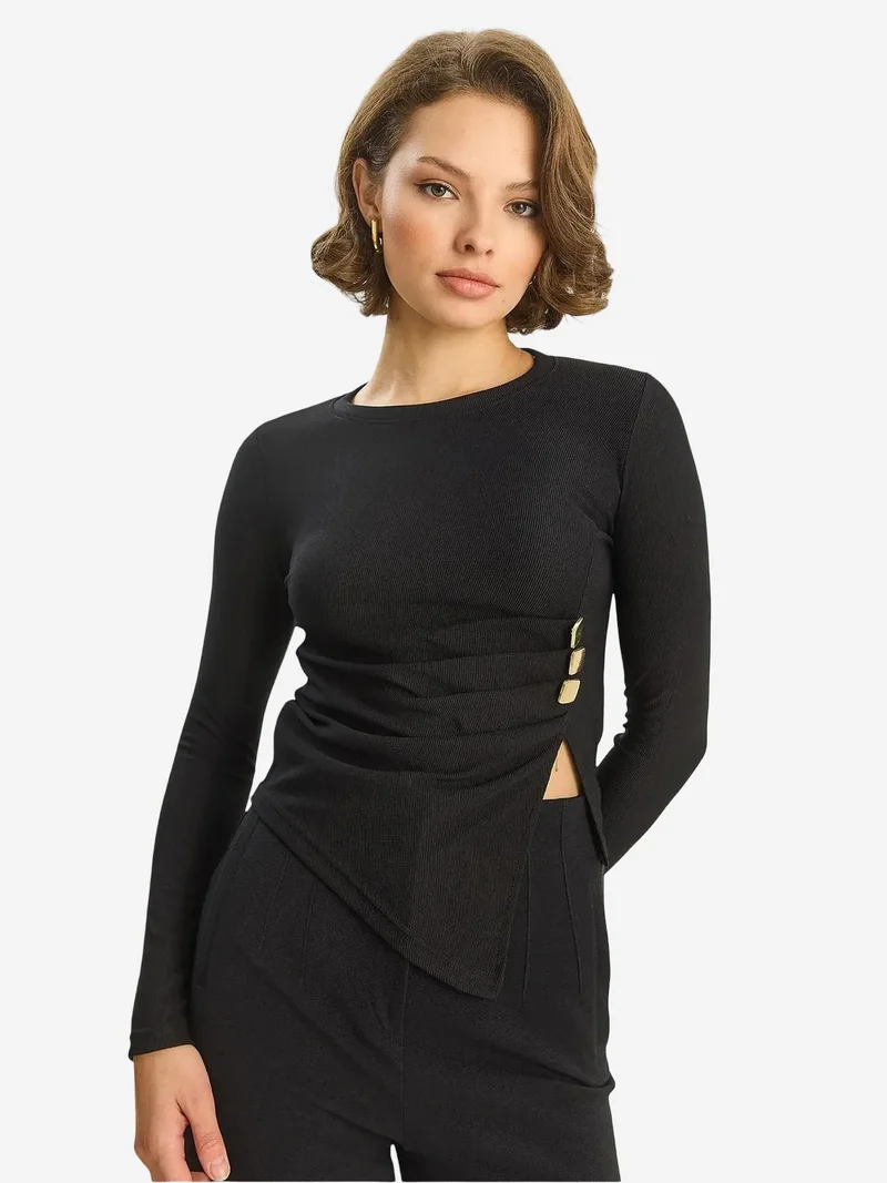 Bianco Lucci LUCCI Crew Neck Long Sleeve Blouse with Accessory Detail
