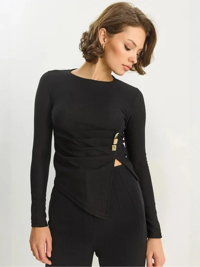 Bianco Lucci LUCCI Crew Neck Long Sleeve Blouse with Accessory Detail