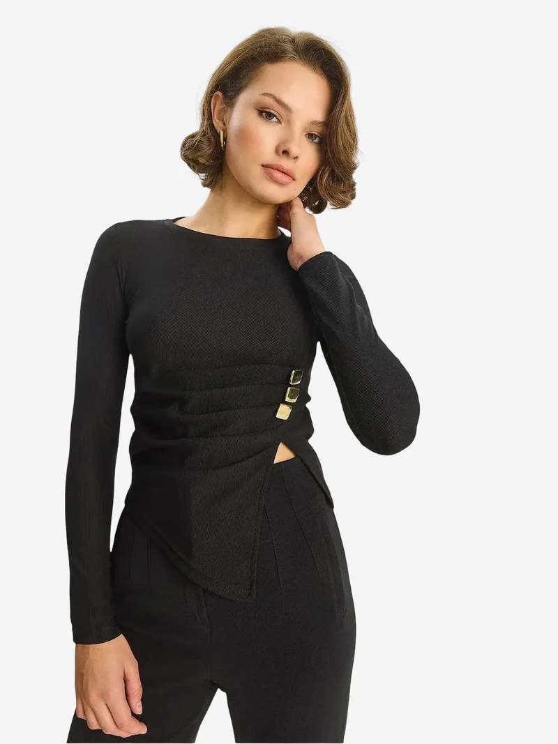 Bianco Lucci LUCCI Crew Neck Long Sleeve Blouse with Accessory Detail