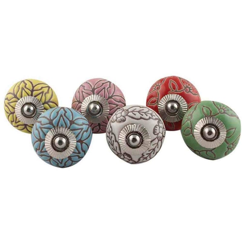 Indian-Shelf IndianShelf Pack of 10 Multicolor Drawer Knob Ceramic Dresser Knob Round Door Handles Etched Drawer Pull Door Pull Knobs for Kitchen Cabinet Drawers Knobs Dresser Knobs Farmhouse Style 