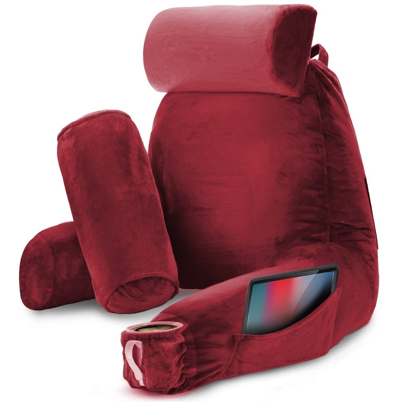 Nestl Nestl Reading Pillow with Shredded Memory Foam Includes 2 Neck and Lumber Support Pillows Designed for Sitting Up in Bed and Couch Back and Arms Adjustable Support for Adult  Teens Red 