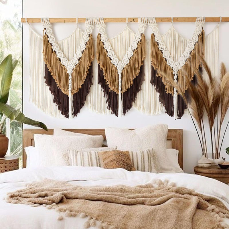 IOWER Macrame Wall Hanging Boho Wall Hanging Brown Dorm Wall Decor Craftsmanship Handmade Tassel Knotting Boho Fiber Art Home Room Decor 47" W x 25" L - Image 1