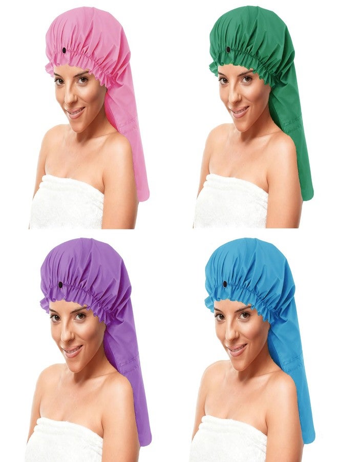 ELEBOX 4 Pack Extra Large Shower Cap for Braids/Curly Hair/Dreadlock | XL Bathing Cap with Adjustable Drawstring & Button | Reusable Waterproof Long Bonnets for Women Shower/Cooking/Cleaning/Spa - Image 1