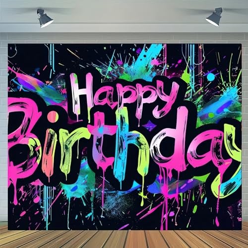 HOMETITUTE Neon Happy Birthday Banner 71x43 Photography Backdrops Party Background Decorations Colorful Graffiti Splash Paint Kids Birthday Supplies Glow in The Dark - Image 1