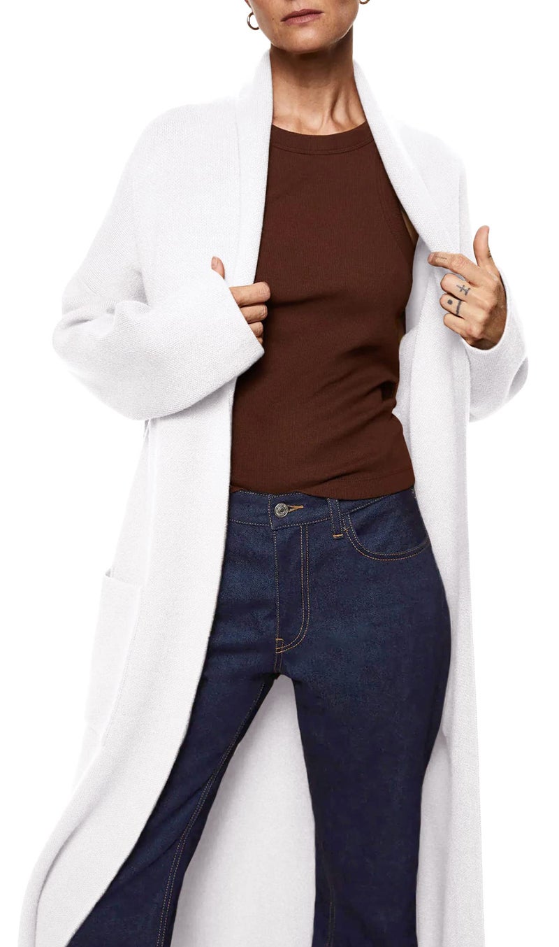 Fazortev Womens Long Sleeve Maxi Cardigan Open Front Oversized Knitted Sweater Coat Casual Lapel Warm Overcoat with Pockets White - Image 2