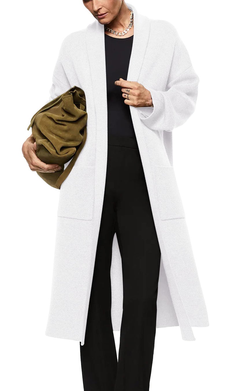 Fazortev Womens Long Sleeve Maxi Cardigan Open Front Oversized Knitted Sweater Coat Casual Lapel Warm Overcoat with Pockets White - Image 1