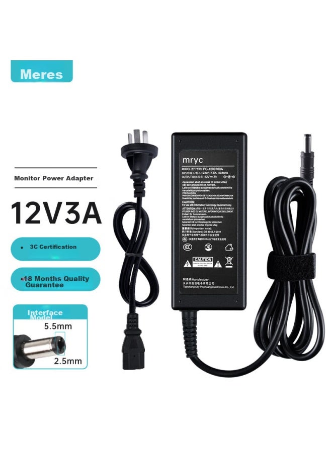 Mryc 12v3a Power Adapter Cable Compatible With Lenovo Aoc Lcd Monitors, Universal For Surveillance Cameras, Hard Drive Enclosures, Printers, Massage Chairs, Small Appliances, And Chargers - Image 1