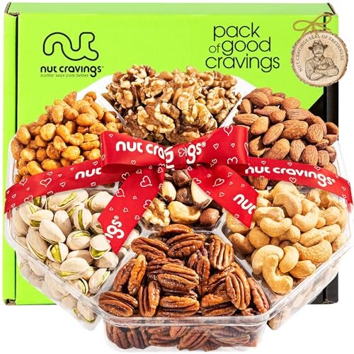 NUT CRAVINGS - Thanksgiving Mixed Nuts Gift Basket + Heart Ribbon (7 Assortments) Holiday Xmas Christmas Food Arrangement, Healthy Snack Care Package, Food Assortments - Image 1